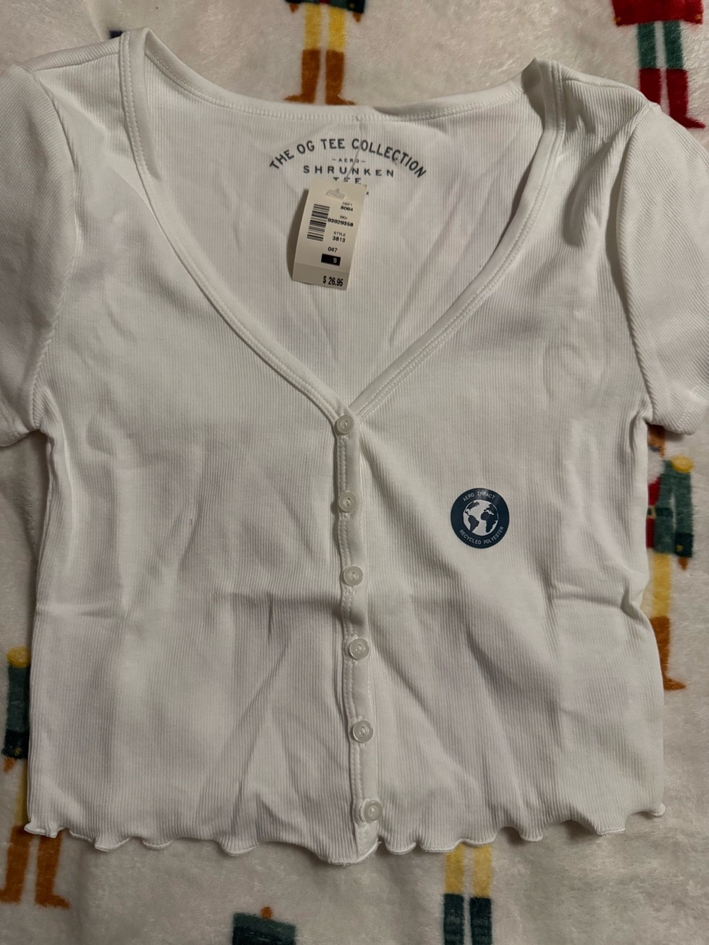 Aeropostale White Ribbed Button Crop Top with Blue Logo